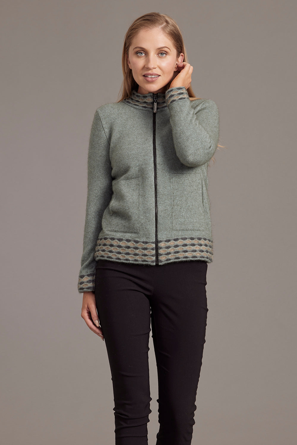 Possum Merino Wave Trim Zip Cardigan